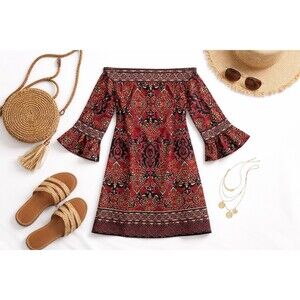 Petite Boho Paisley Midi Dress Stretch Bell Sleeve Red Shift Mod Retro